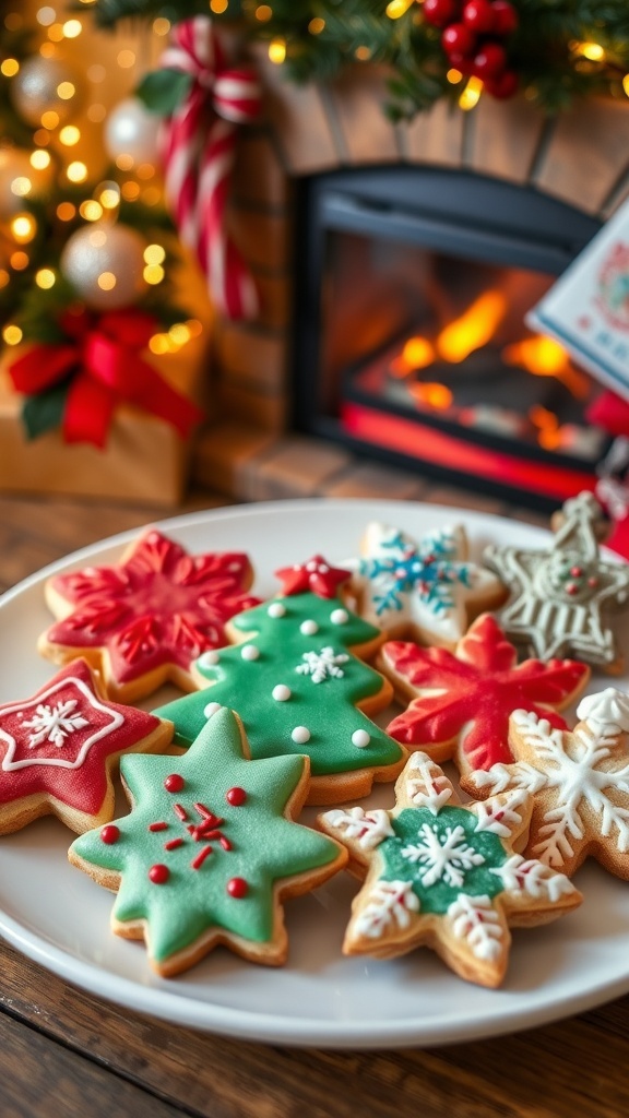 A plate of decorated Christmas cookies in festive shapes with holiday decorations in the background.
